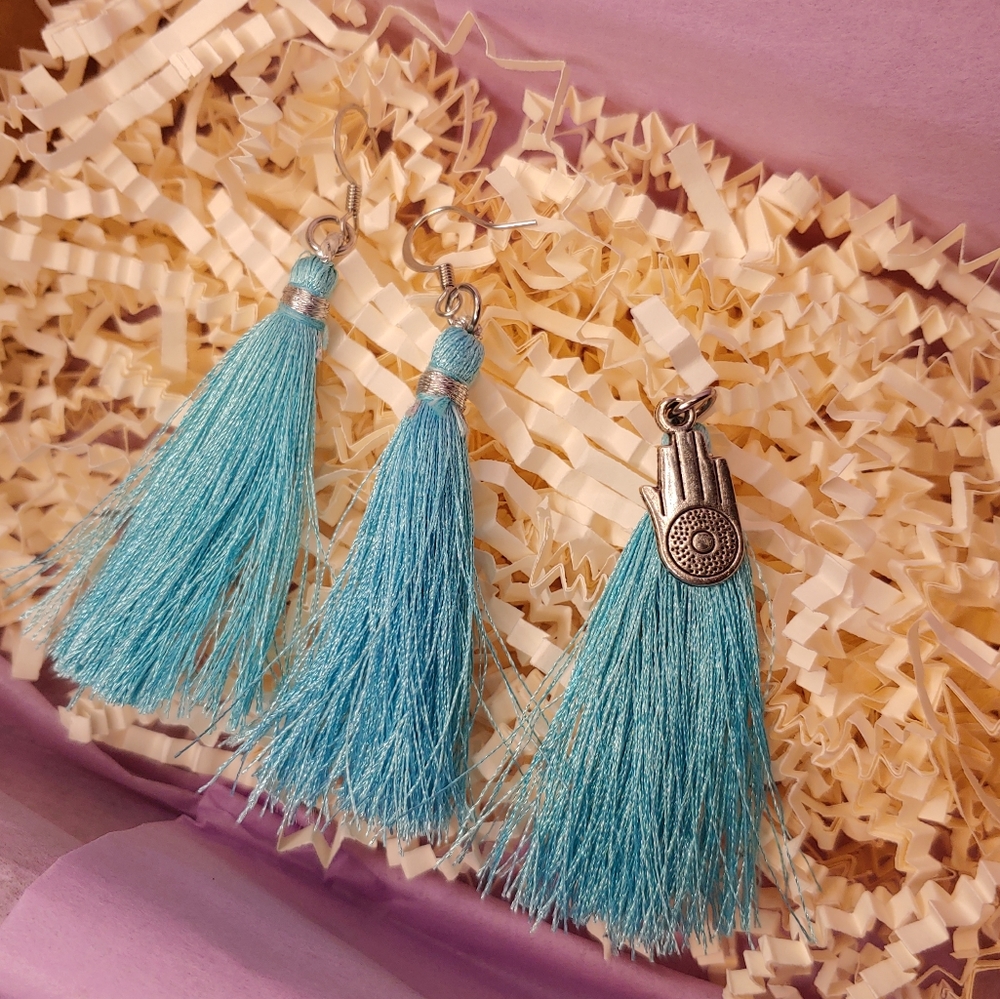 Turquoise Tassel Earrings & Pendant Set Boho Bohemian Hippie Chic Hamsa